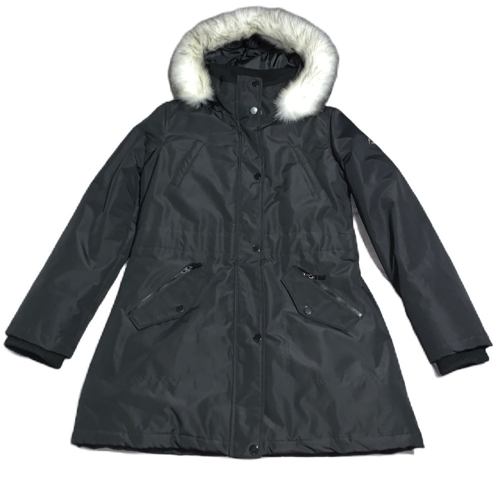 HFX Parka Puffer Jacket L Faux Fur Brim Hood Insulated Black Warm Snow